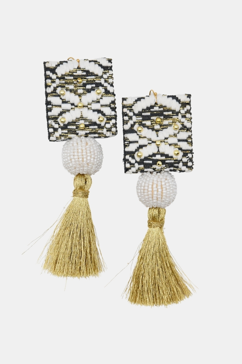 Orecchini pendenti Java – bianco/nero/oro – fili lurex – look boho – Miss June Paris – 3