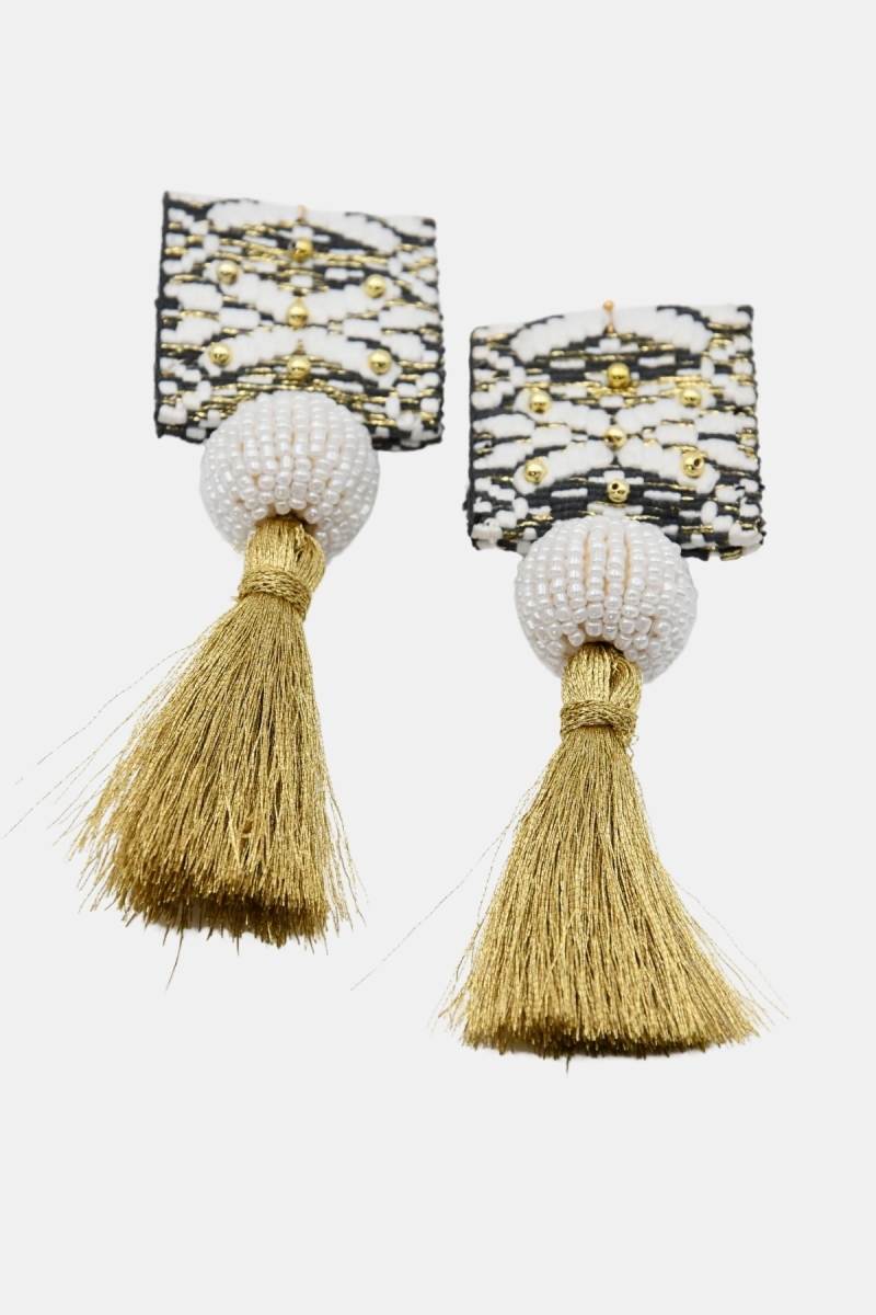 Pendientes colgantes Java – blanco/negro/dorado – hilos de lurex – estilo bohemio – Miss June Paris – 5