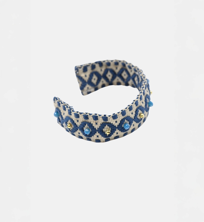Bracciale a polsino Riviera – Bianco/Blu – Motivi geometrici – Perline dorate – Miss June Paris – 4