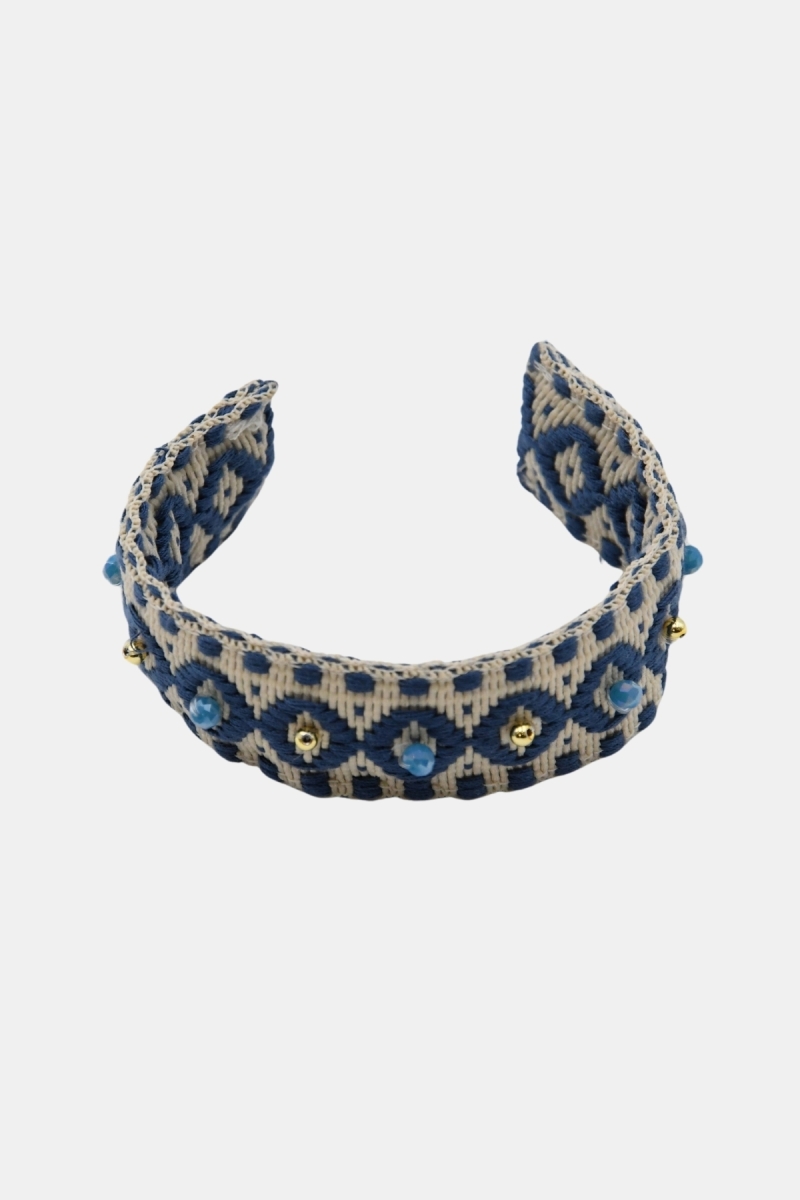 Pulseira tipo algema Riviera – Branco/Azul – Padrões geométricos – Contas douradas – Miss June Paris – 6