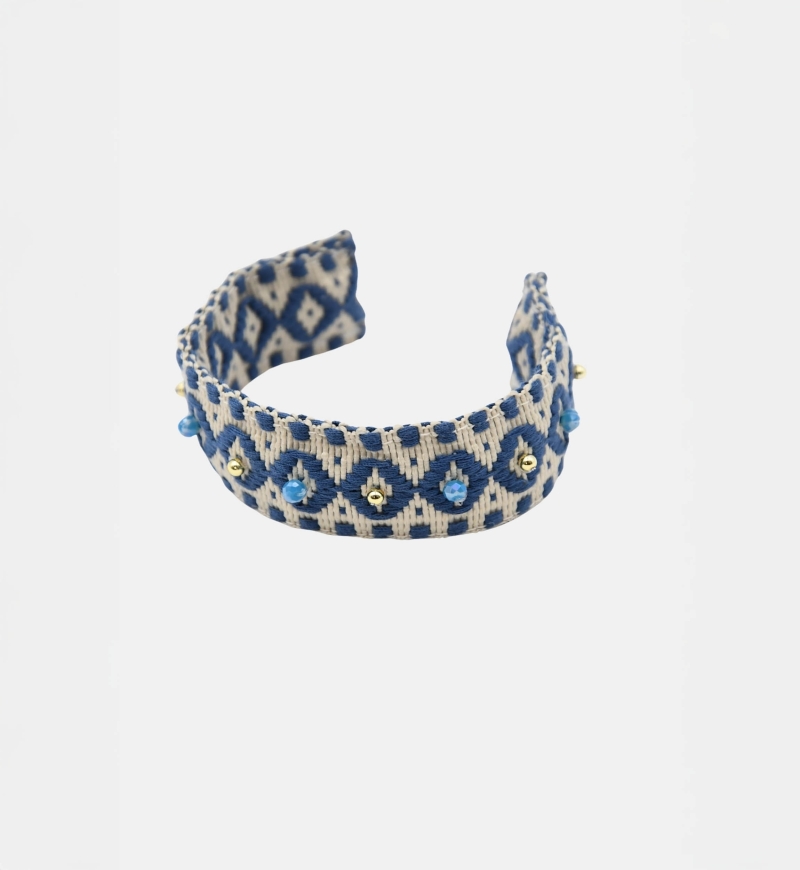 Riviera-Manschettenarmband – Weiß/Blau – Geometrische Muster – Goldene Perlen – Miss June Paris – 3