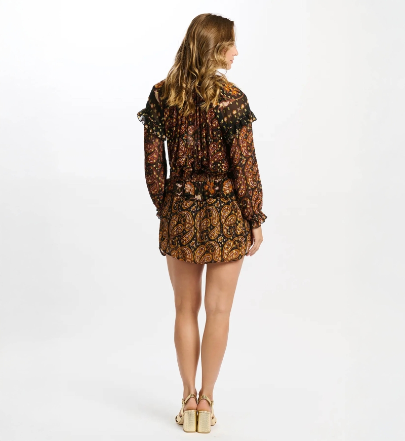 Short skirt Vodka - black/orange - paisley pattern - fluid fabric - Miss June Paris