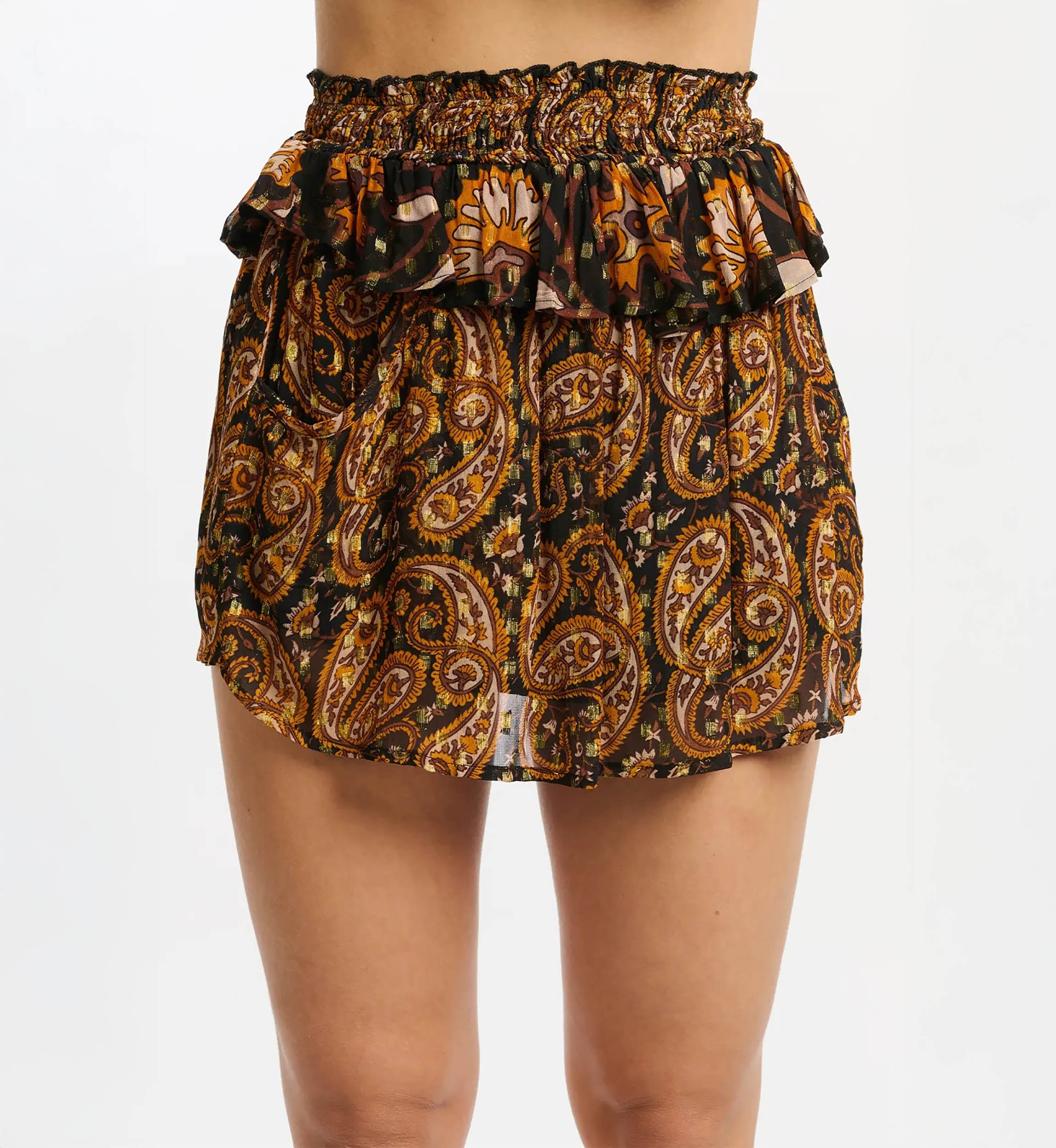 Falda corta Vodka - negro/naranja - estampado paisley - tela fluida - Miss June Paris