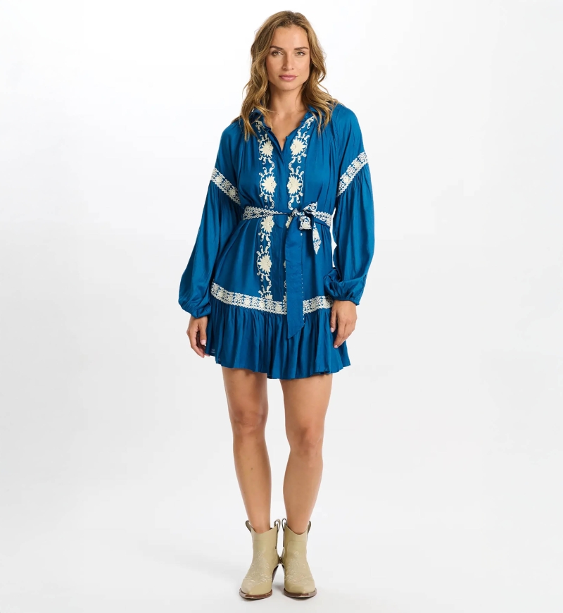 long sleeve boheme chic blue short dress DINA - Miss June