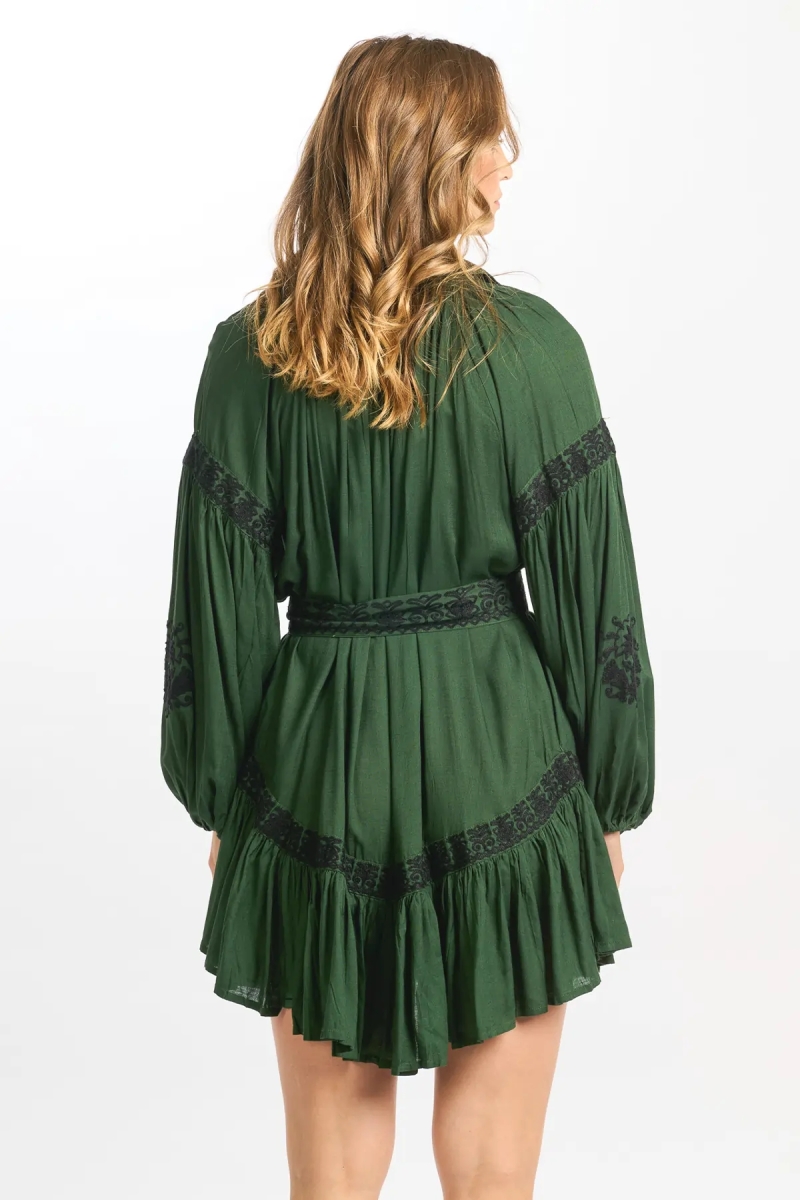 robe courte manche longue boheme chic verte DINA - Miss June