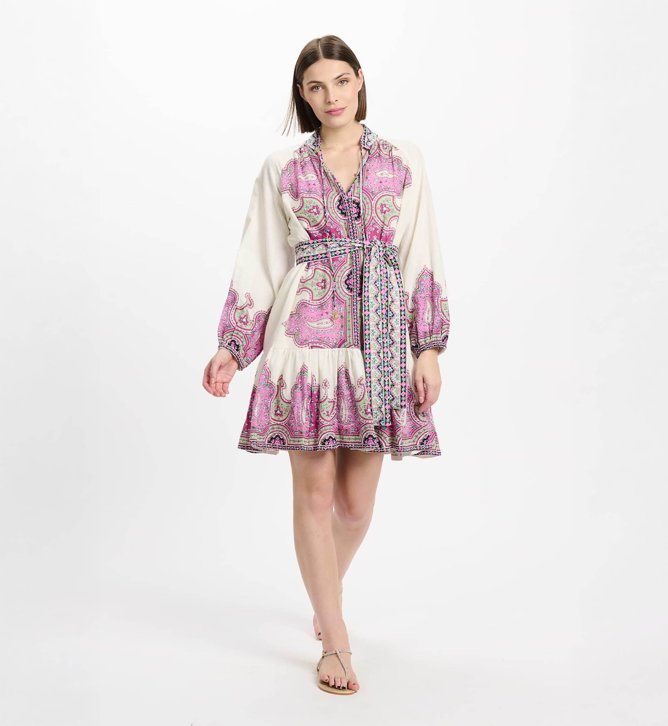 Robe Isabella Robe courte à manches longues + ceinture assortie, 100% coton imprimé slub - Miss June Paris - 2