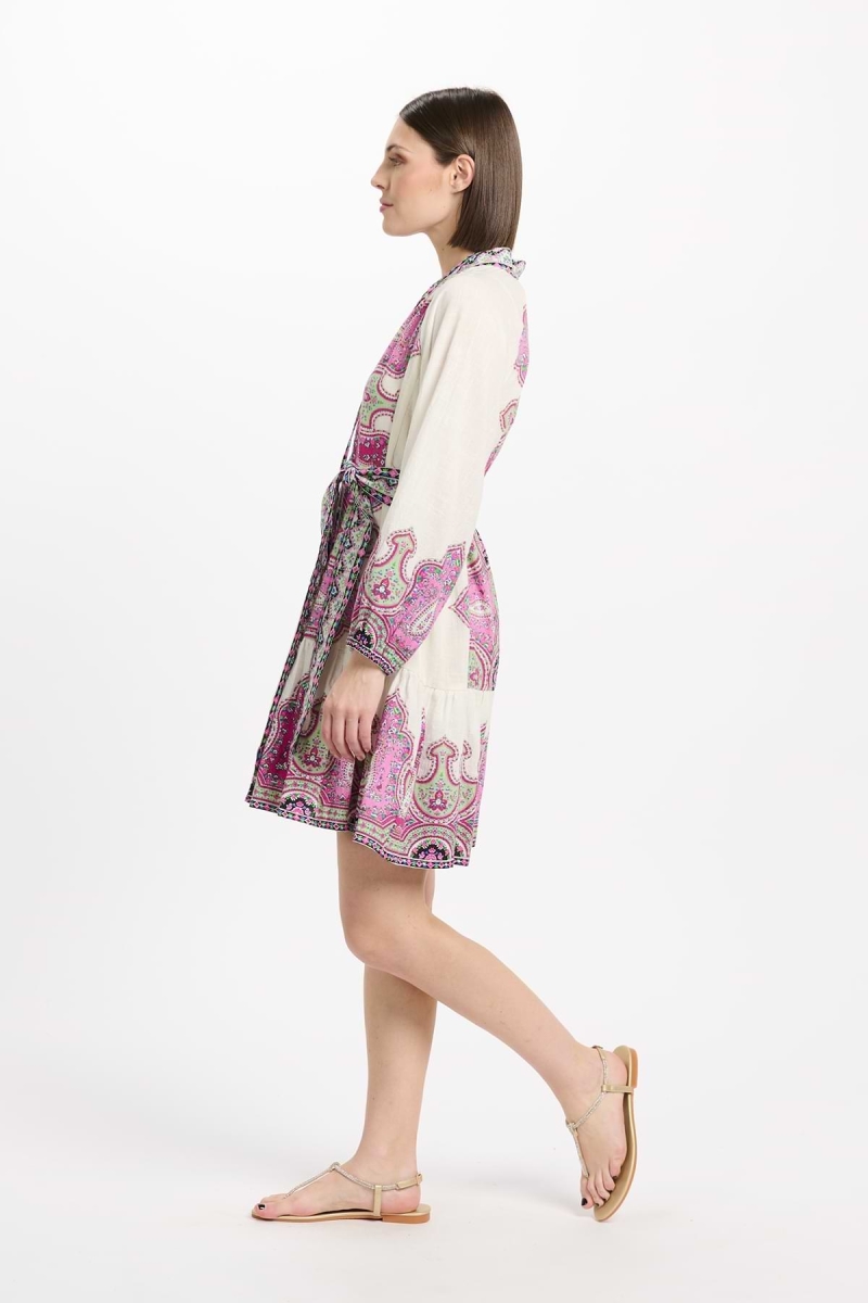 Kleid Isabella Kurzes Kleid mit langen Ärmeln + passender Gürtel, 100% Baumwolle mit Slub-Print - Miss June Paris - 3