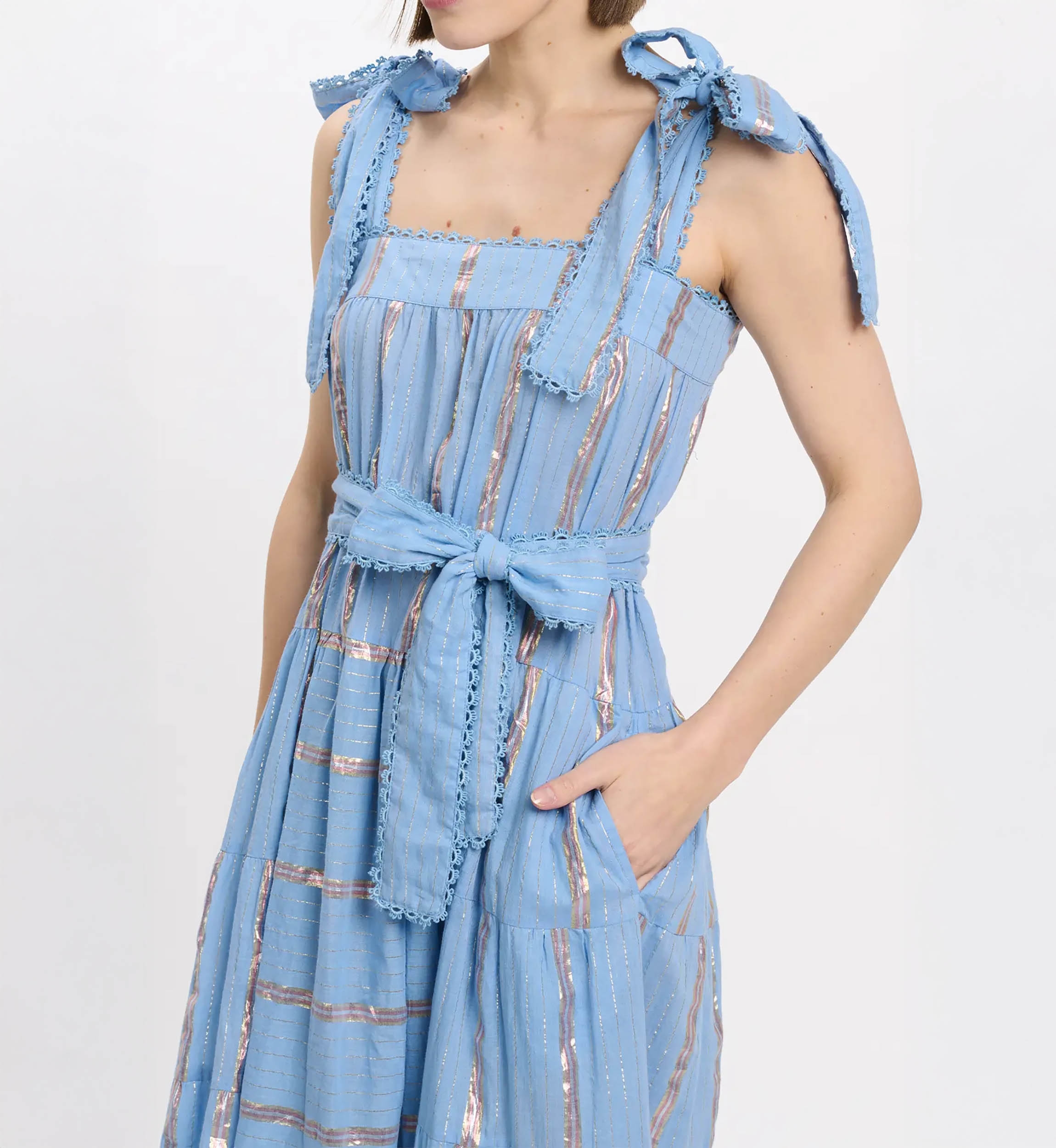 Vestido Aly – Vestido longo com alças e cinto a condizer, 100% algodão com lurex – Miss June Paris - 8