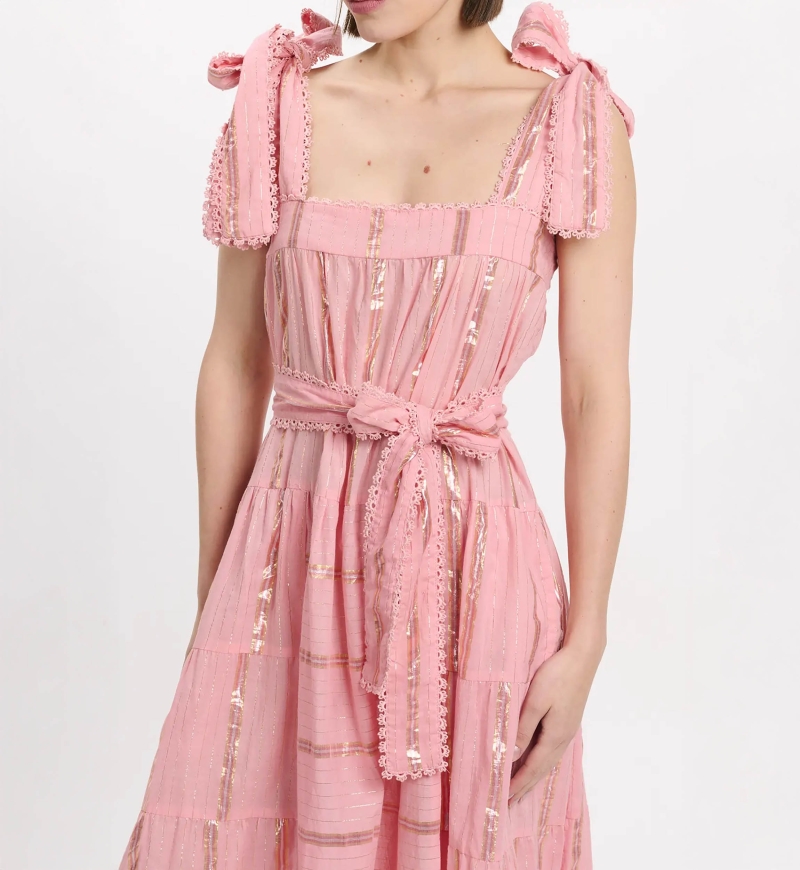 Vestido Aly – Vestido longo com alças e cinto a condizer, 100% algodão com lurex – Miss June Paris - 5