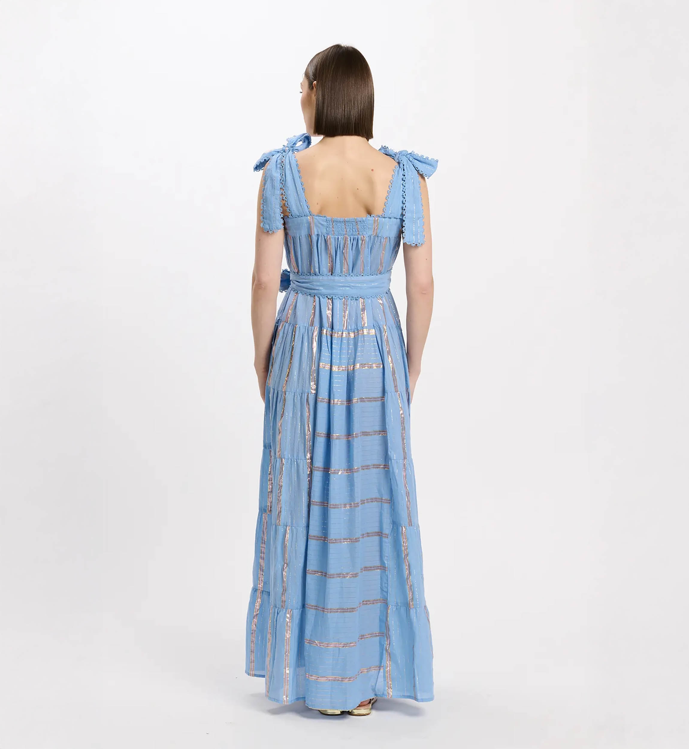 Long Aly Dress in Striped Cotton Lurex Blue | Long Dresses | Miss June
