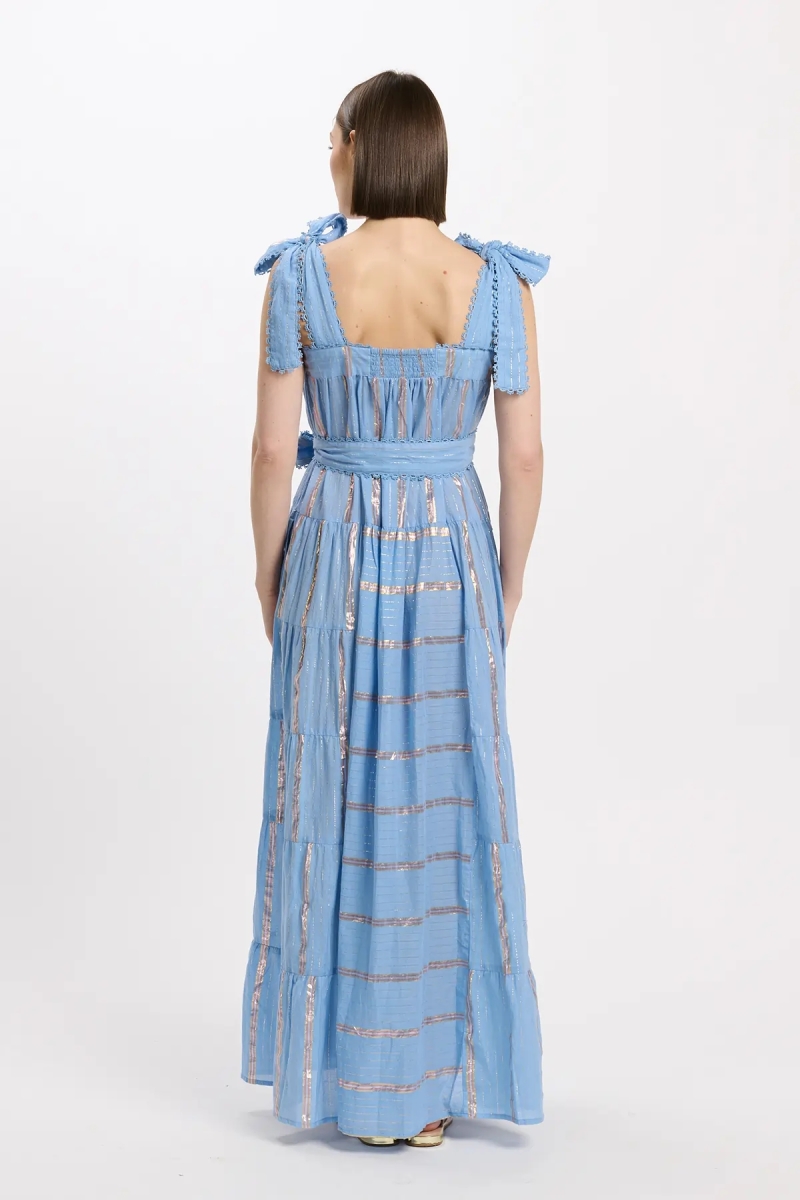 Aly Long Dress With Straps + matching belt, 100% cotton with lurex - Miss June Paris - 9