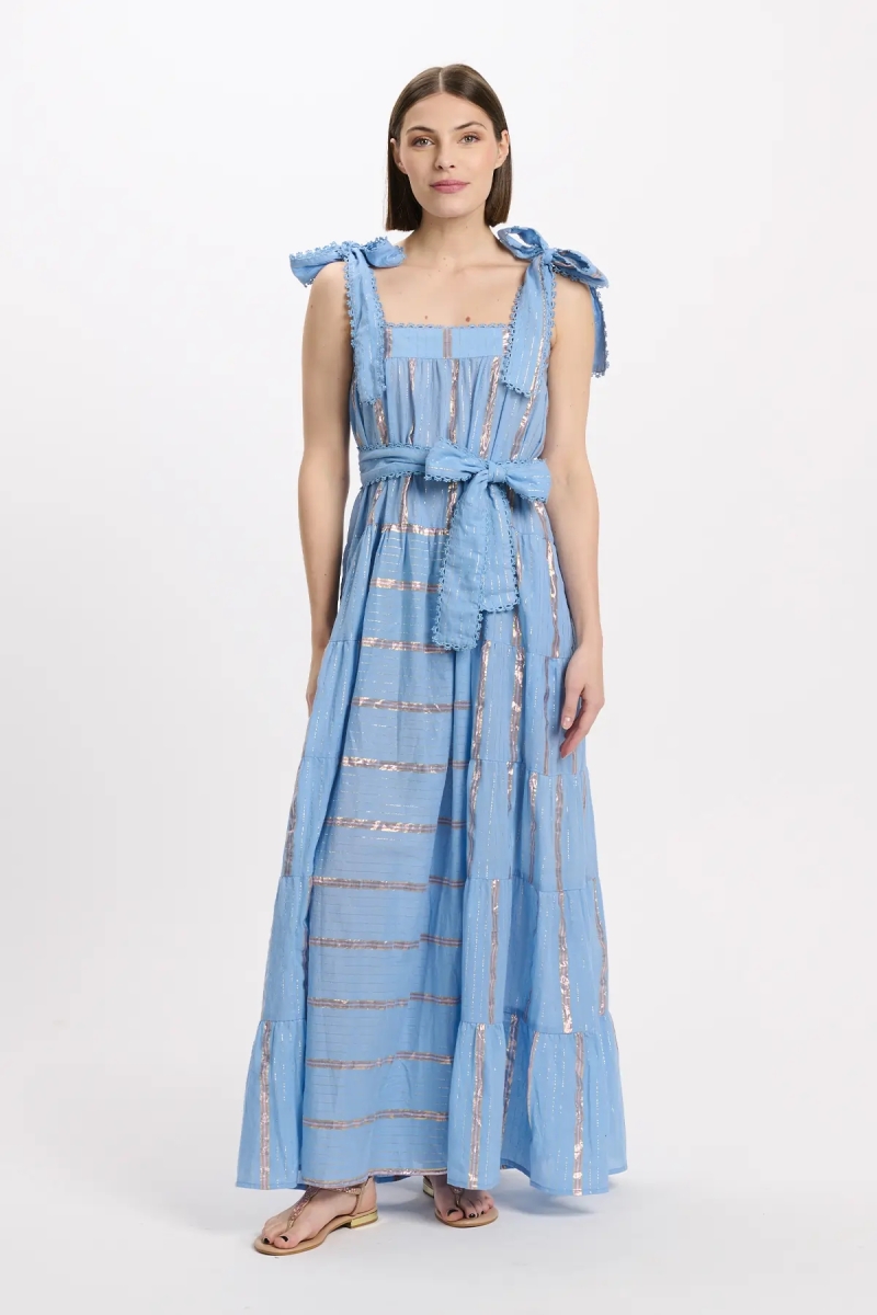 Kleid Aly – Langes Kleid mit Trägern und passendem Gürtel, 100 % Baumwolle mit Lurex – Miss June Paris - 7