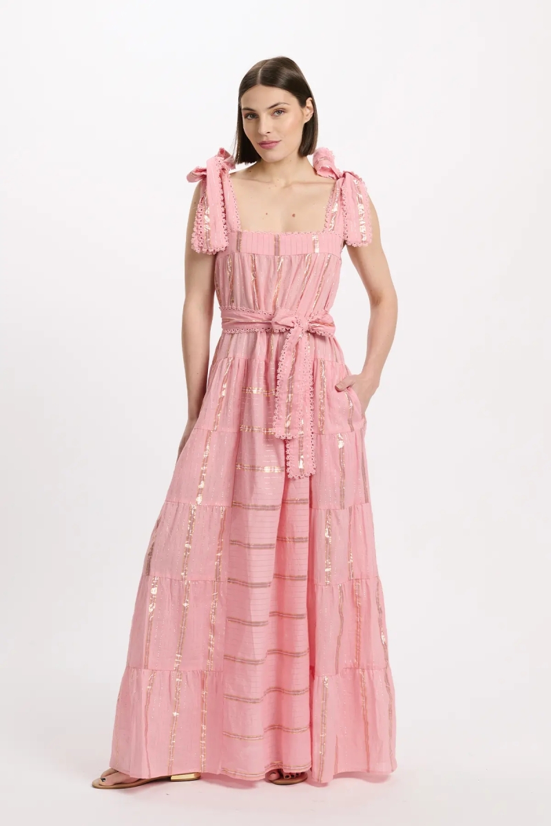 Robe Aly – Robe longue à bretelles avec ceinture assortie, 100% coton avec lurex – Miss June Paris - 4