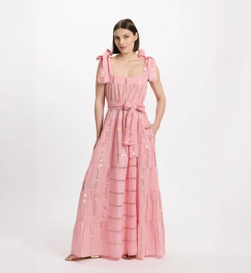 Kleid Aly – Langes Kleid mit Trägern und passendem Gürtel, 100 % Baumwolle mit Lurex – Miss June Paris - 4