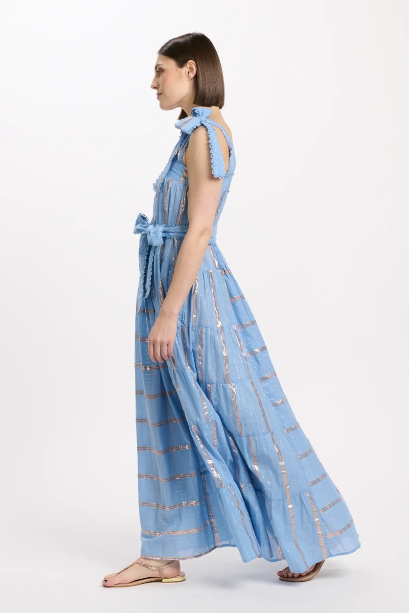 Aly Long Dress With Straps + matching belt, 100% cotton with lurex - Miss June Paris - 10
