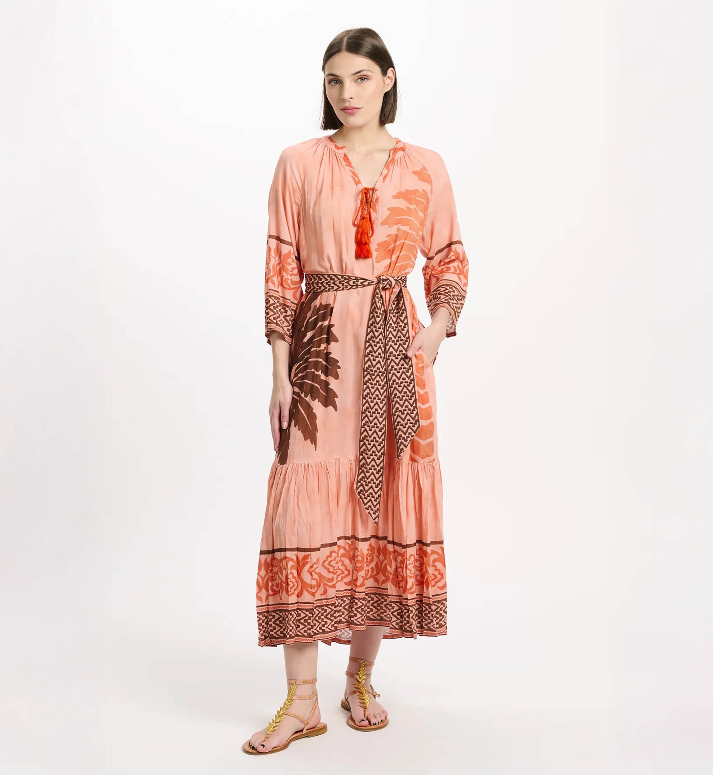 Dress Aida Long Sleeves Long Dress with inner and matching belt, 100% modal printed - Miss June Paris - 8