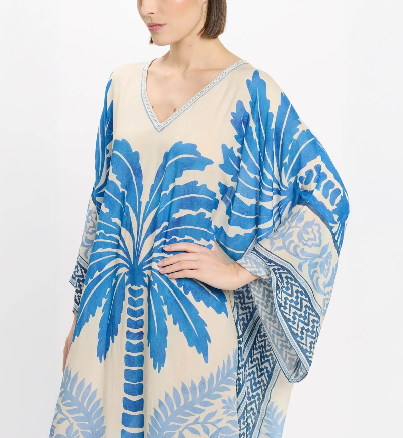 Caftan Rhoda Long Kaftan With Long Sleeves, 100% modal printed embroidery - Miss June Paris - 5