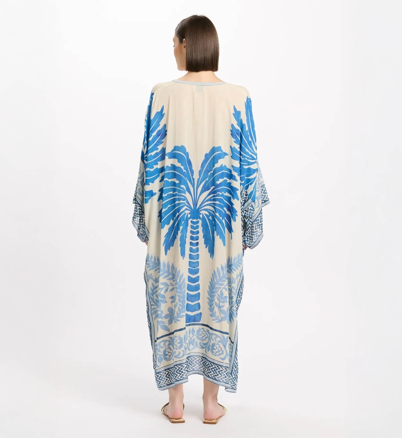 Caftan Rhoda Long Kaftan With Long Sleeves, 100% modal printed embroidery - Miss June Paris - 6