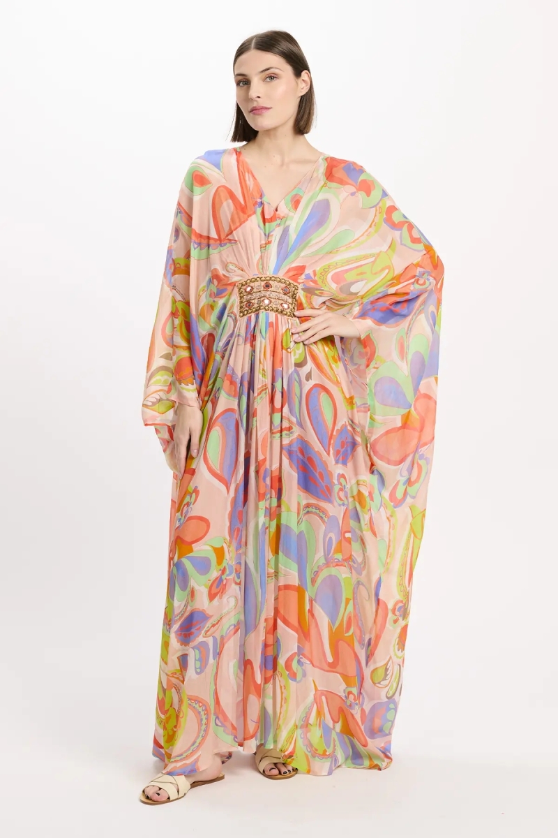 Caftano Varda – Caftano lungo a maniche lunghe con cintura interna, ricamato in 100% rayon – Miss June Paris - 2
