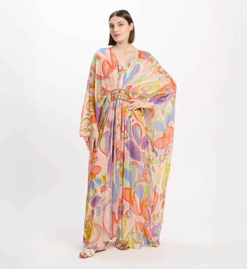 Kaftan Varda – Langer Kaftan mit langen Ärmeln und innenliegendem Gürtel, Stickerei aus 100 % Viskose – Miss June Paris - 2