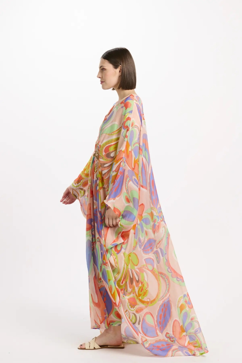 Kaftan Varda – Langer Kaftan mit langen Ärmeln und innenliegendem Gürtel, Stickerei aus 100 % Viskose – Miss June Paris - 4
