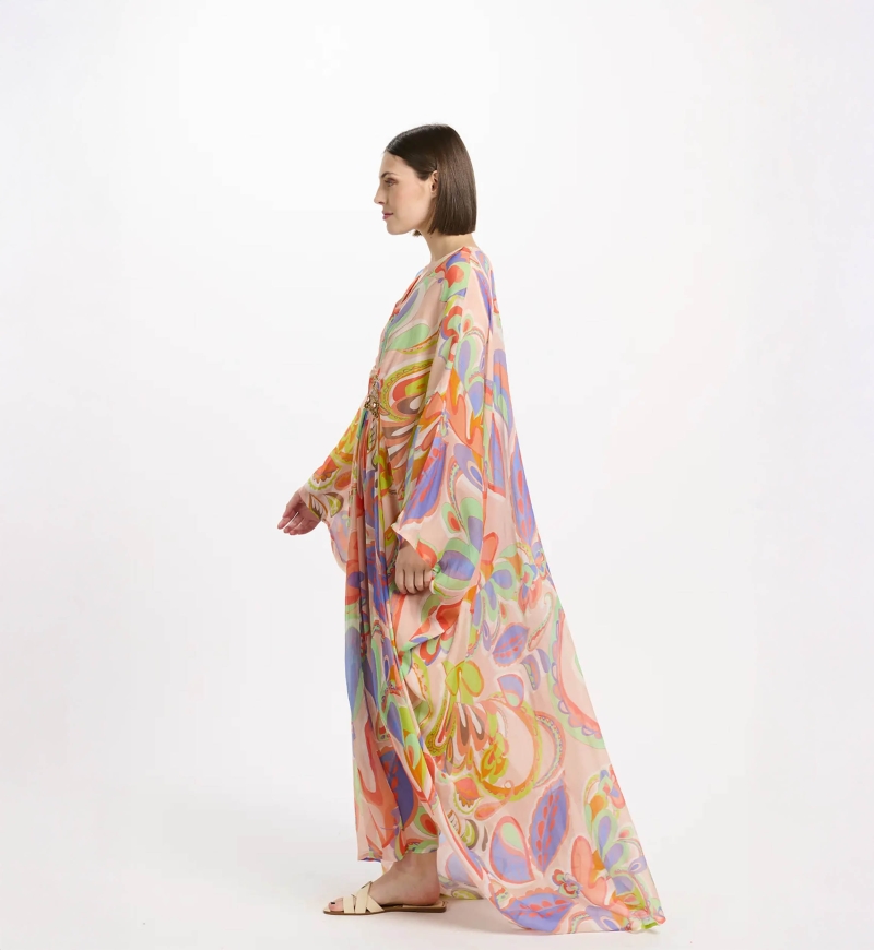 Kaftan Varda – Langer Kaftan mit langen Ärmeln und innenliegendem Gürtel, Stickerei aus 100 % Viskose – Miss June Paris - 4