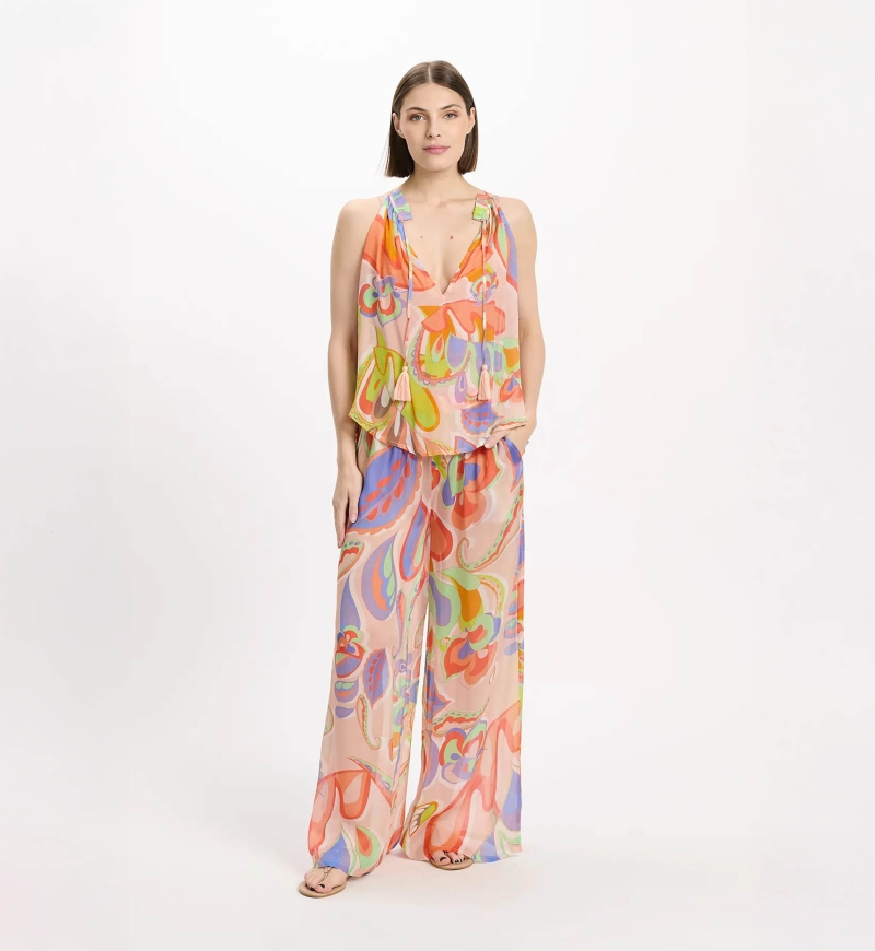 Calças Adira – Calças com bolsos, em rayon estampado, 100% rayon – Miss June Paris - 2