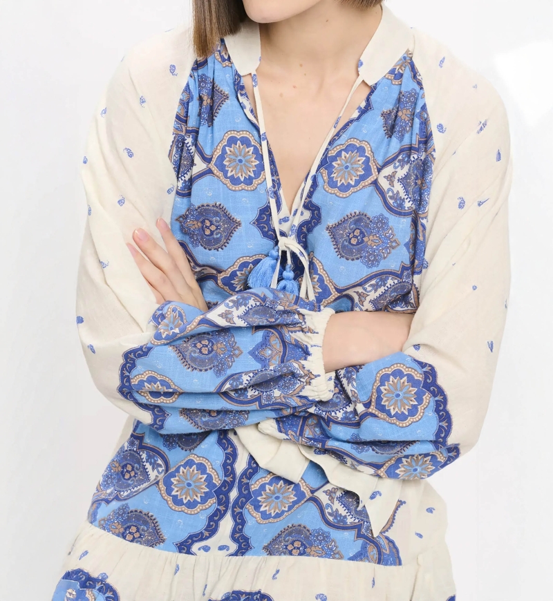 Vestido Danae – Vestido curto de mangas compridas com cinto a condizer, 100% algodão estampado – Miss June Paris - 5