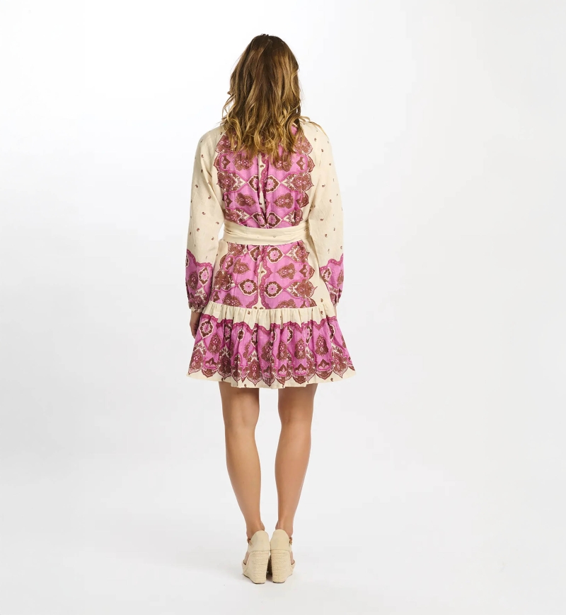 Dress Danae Short Dress With Long Sleeves and matching belt, 100% cotton printed - Miss June Paris - 10