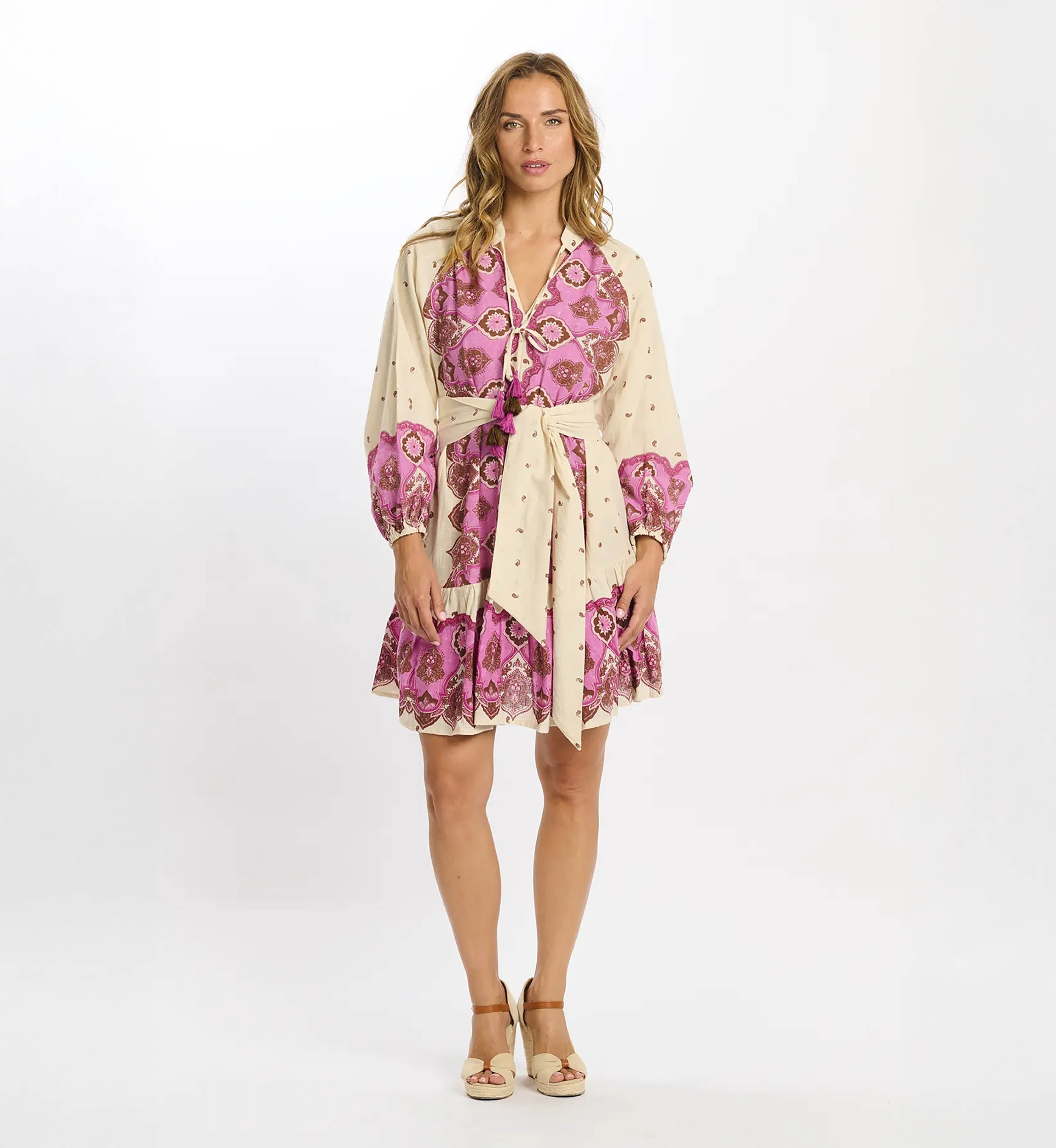 Vestido Danae – Vestido curto de mangas compridas com cinto a condizer, 100% algodão estampado – Miss June Paris - 7