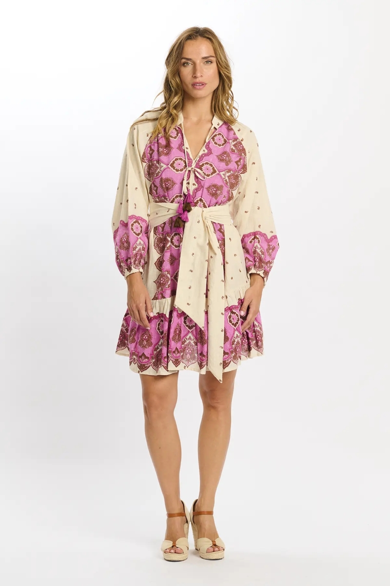 Vestido Danae – Vestido corto de manga larga con cinturón a juego, 100 % algodón estampado – Miss June Paris - 7