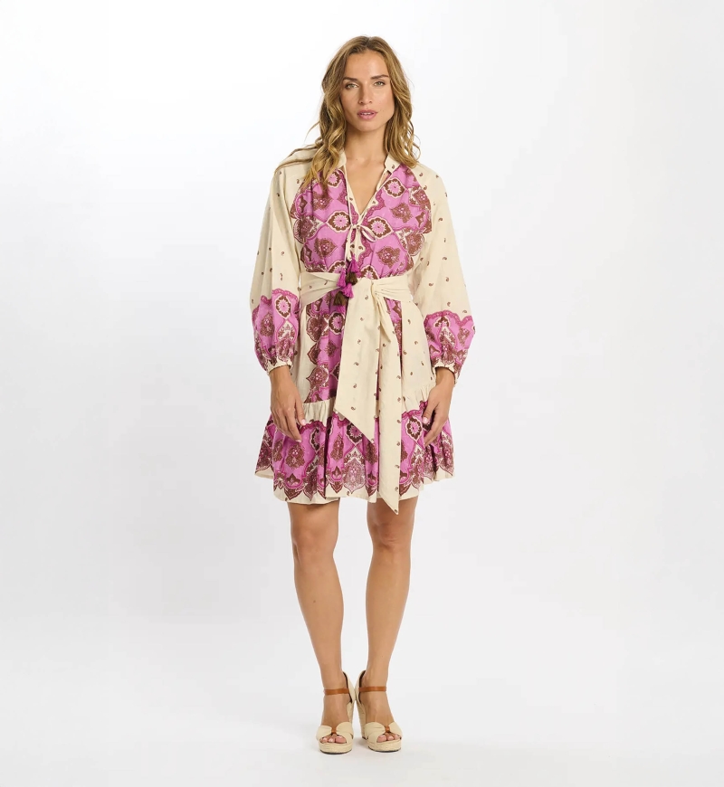 Dress Danae Short Dress With Long Sleeves and matching belt, 100% cotton printed - Miss June Paris - 7