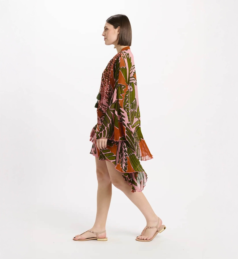 Kaftan Anaya – Kaftan curto de mangas compridas, em rayon estampado com bordados, 100% rayon – Miss June Paris - 4