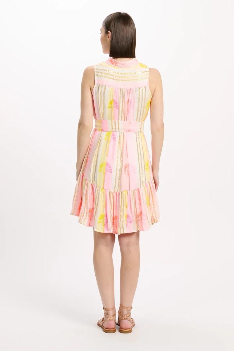 Vestido curto sem mangas Tracy com forro e cinto combinando, 100 % rayon estampado com lurex - Miss June Paris - 4