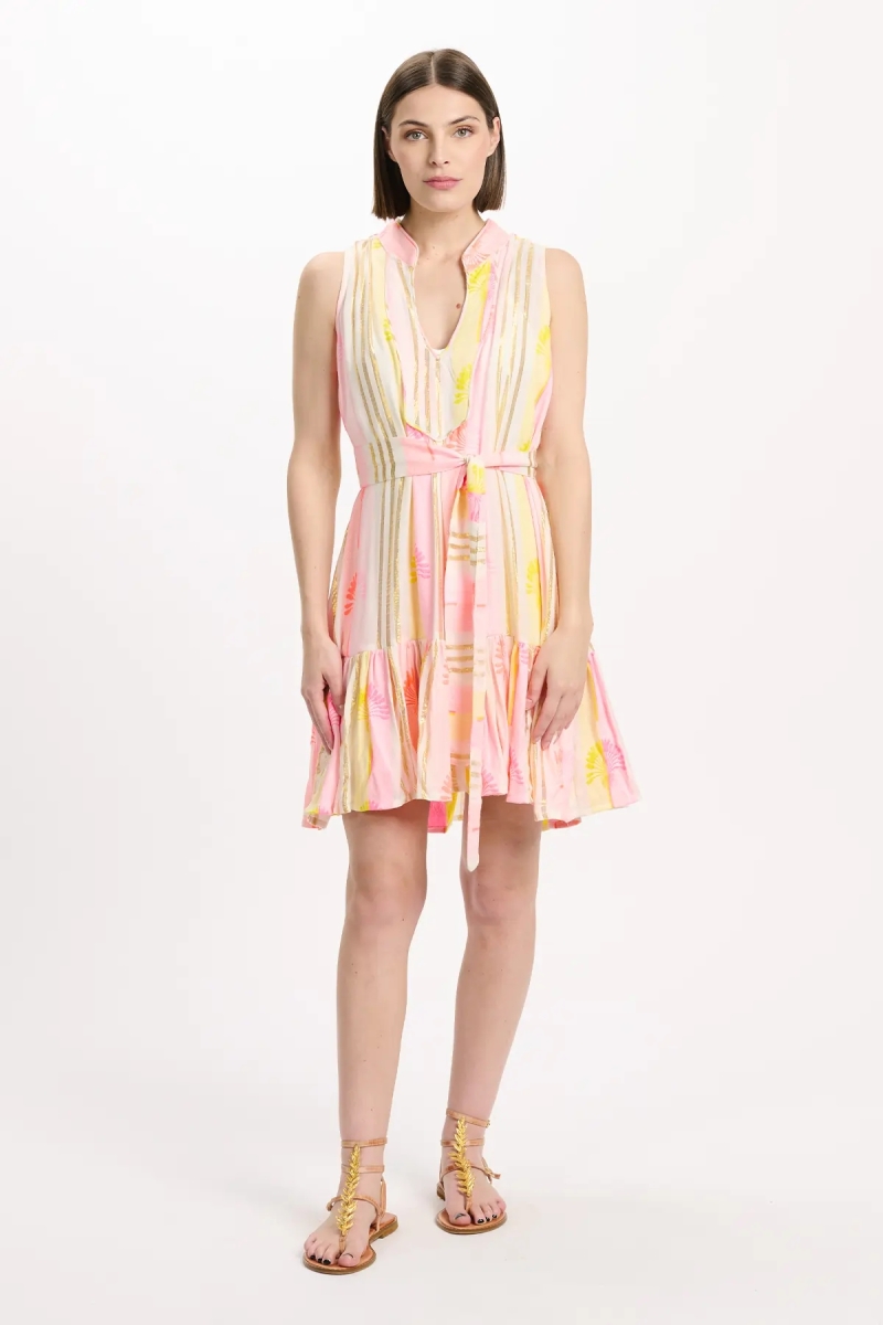 Kurzes ärmelloses Kleid Tracy mit Innenschicht und passendem Gürtel, 100 % Rayon mit Lurex-Druck - Miss June Paris - 2