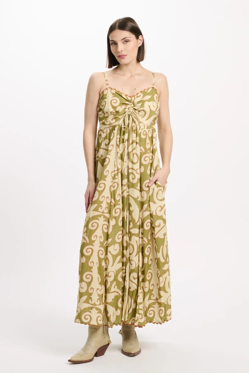 Vestido Becky – Vestido longo com alças finas, laços e bolsos, em modal estampado, 100 % modal – Miss June Paris - 2
