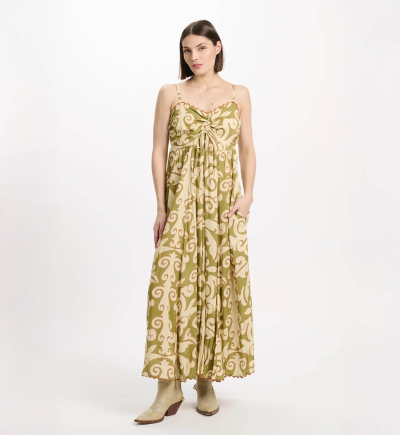 Kleid Becky – Langes Kleid mit dünnen Trägern, Schnürung und Taschen, aus bedrucktem Modal, 100 % Modal – Miss June Paris - 2