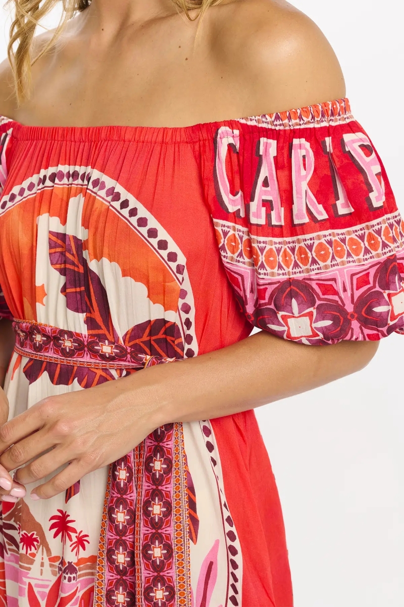 Miss June Paris — Vestido Longo Peony em Modal Vermelho Bardot