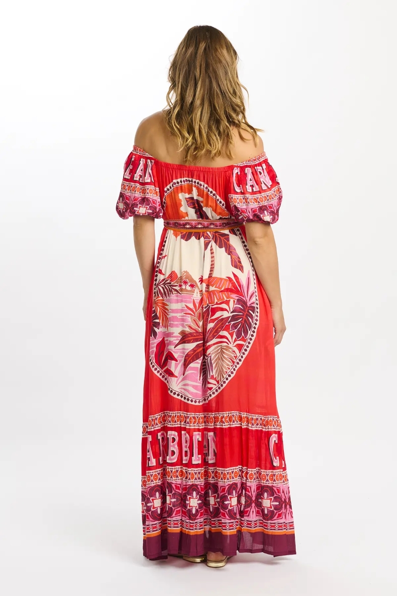 Miss June Paris — Maxikleid Peony aus rotem Modal mit Bardot-Ausschnitt