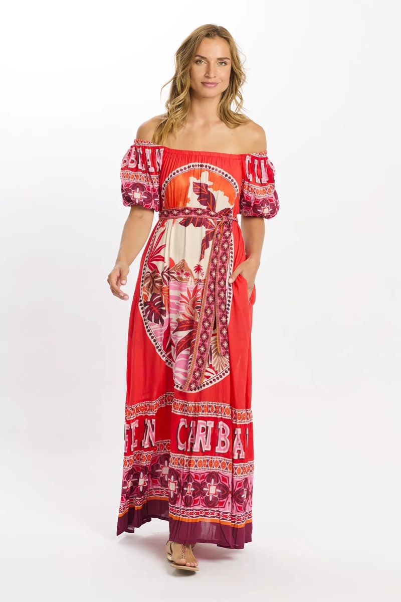 Miss June Paris — Vestido Largo Peony en Modal Rojo Bardot