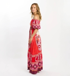 Miss June Paris — Maxikleid Peony aus rotem Modal mit Bardot-Ausschnitt