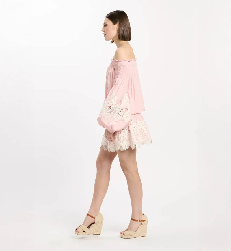 Vestido Laurel – Vestido curto com ombros descobertos e laços, 100 % modal – Miss June Paris - 10