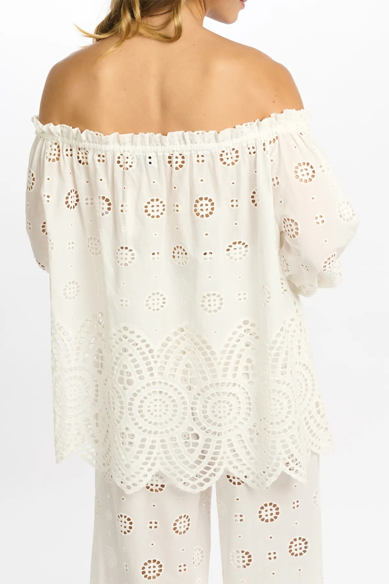Top Opaline Off-shoulder Long Sleeved, 100% cotton with laces embroidery - Miss June Paris - 6
