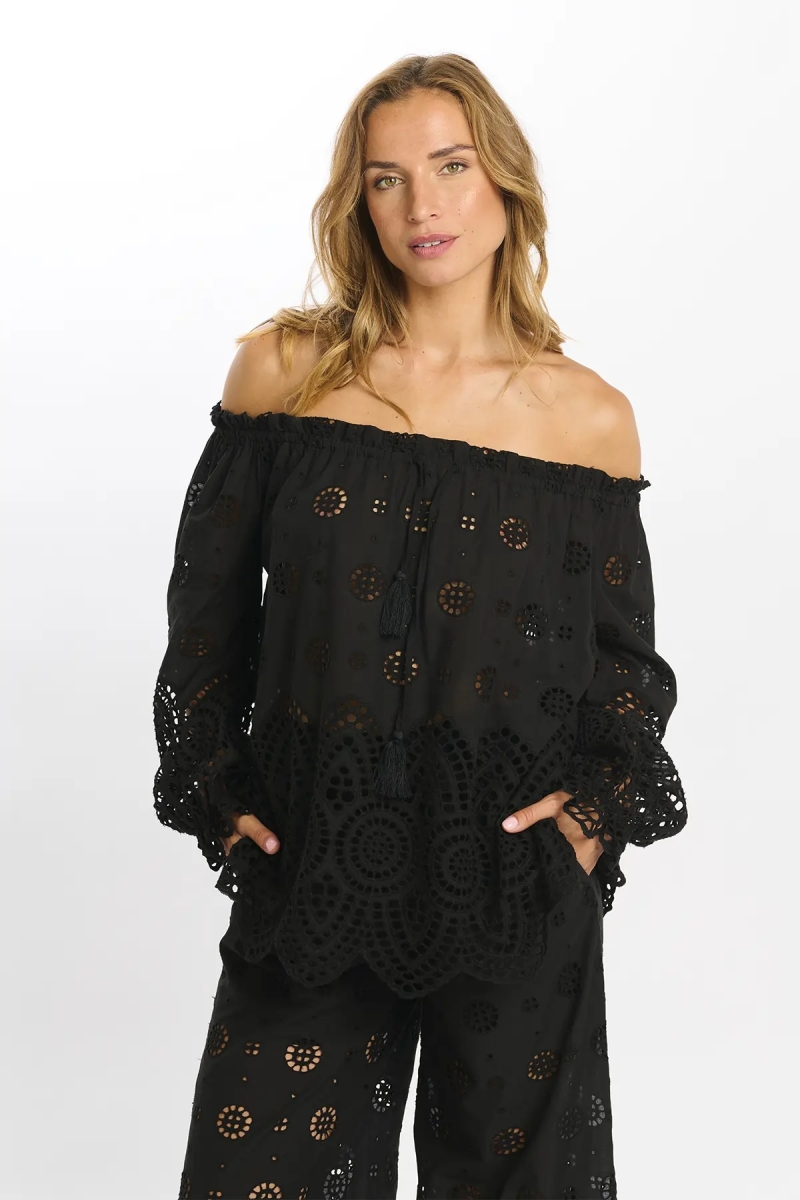 Top Opaline – Top épaules dénudées à manches longues, en coton avec broderies et lacets, 100 % coton – Miss June Paris - 7