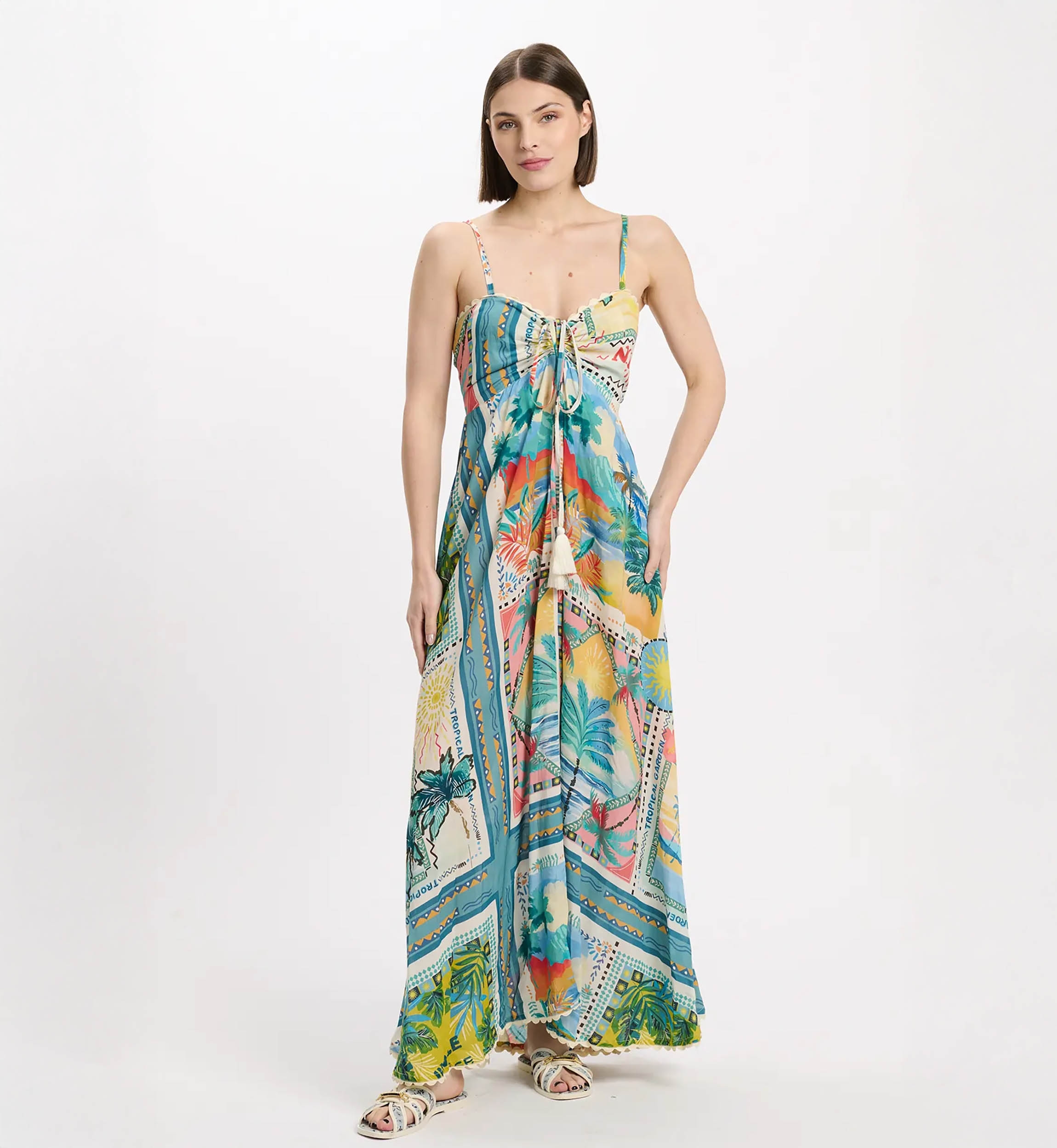 Vestido Britney – Vestido longo com alças finas, em modal estampado com laços, 100 % modal – Miss June Paris - 2