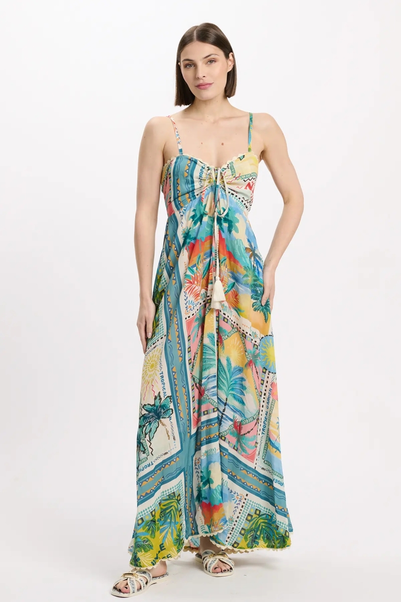 Robe Britney – Robe longue à fines bretelles, en modal imprimé avec lacets, 100 % modal – Miss June Paris - 2