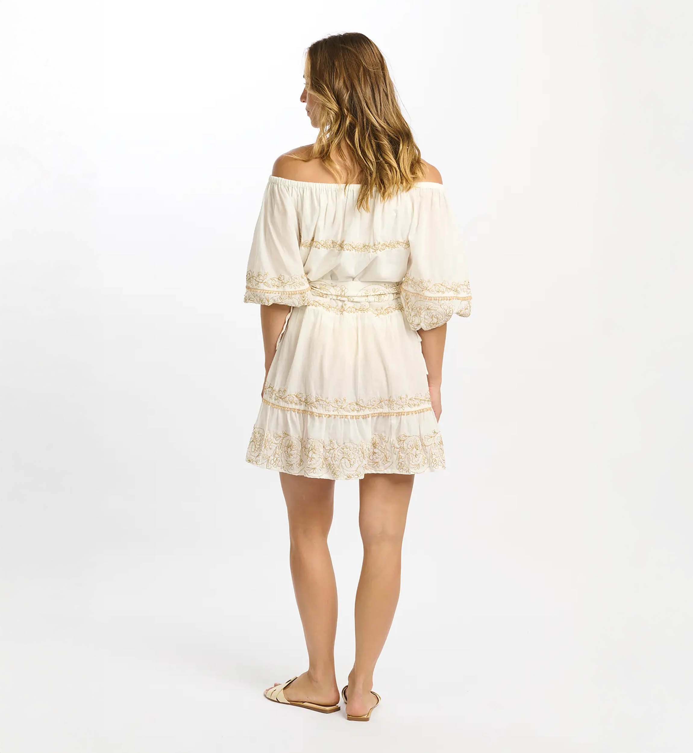 Short Dress Layla Bardot Gold Embroidered Off-White | Short Dresses
