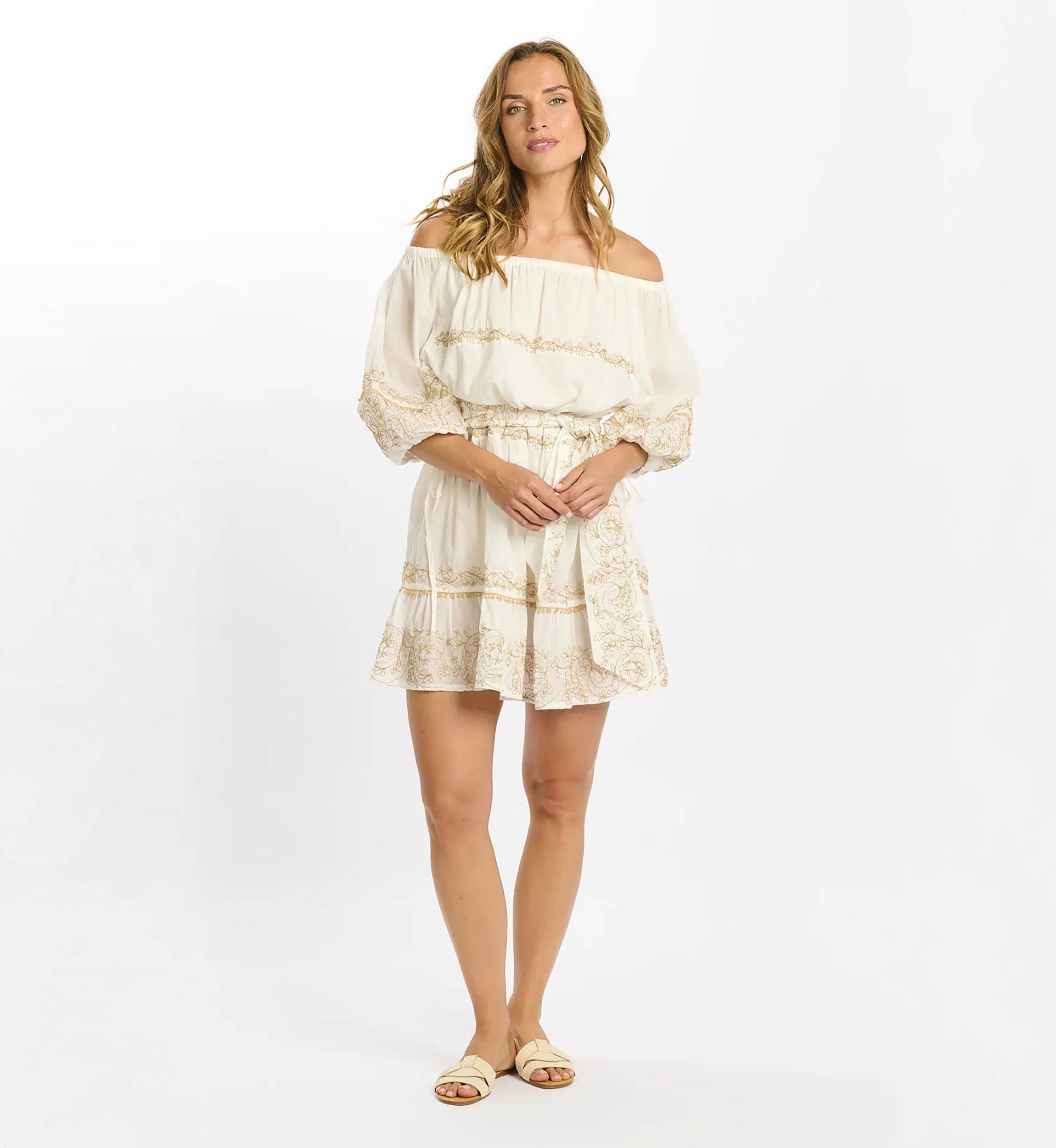 Dress Layla Short Dress Short Sleeves with laces embroidery and matching belt, 100% cotton - Miss June Paris - 4