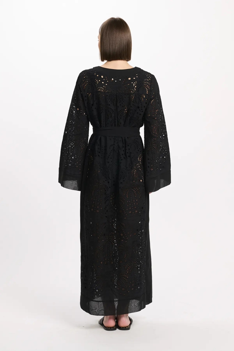 Dress Penny Long Sleeves Long Dress with belt, 100% cotton with laces embroidery - Miss June Paris - 5