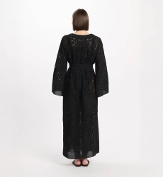 Kleid Penny Langärmliges langes Kleid mit Gürtel, 100 % Baumwolle mit Spitzenstickerei – Miss June Paris – 5